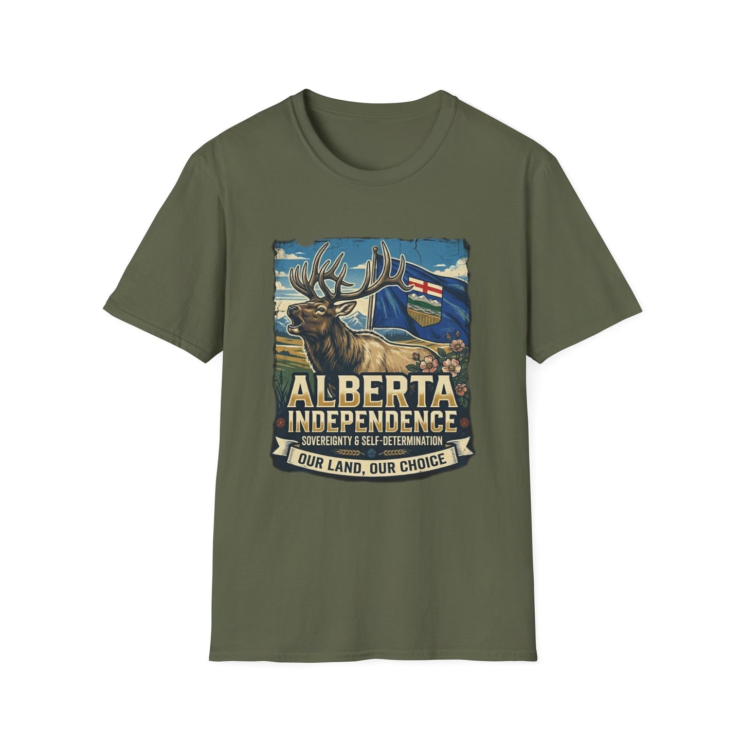 Alberta Independence T-Shirt — Screaming Bull Elk & Flag