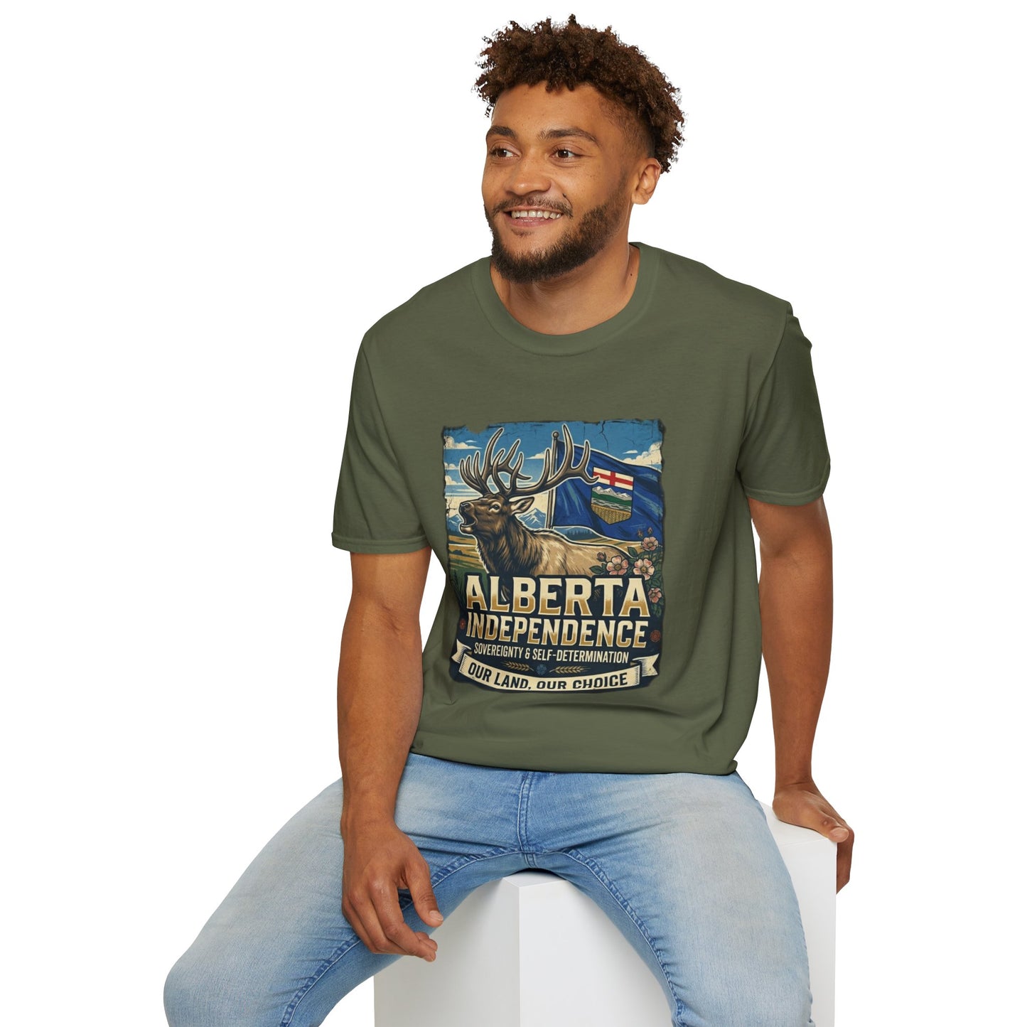 Alberta Independence T-Shirt — Screaming Bull Elk & Flag