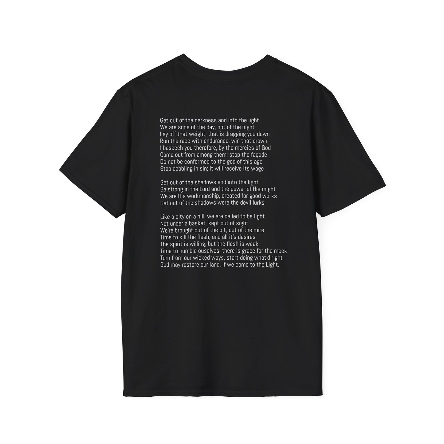 Music T-Shirt with 'Come to the Light' Lyrics and Album Cover Design
